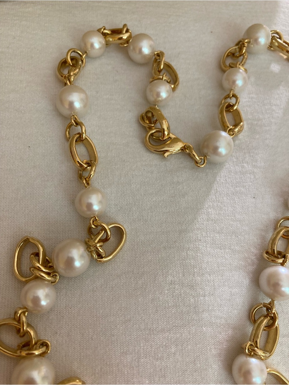 Glass Faux Pearls & Gold Tone Chain Long Necklace